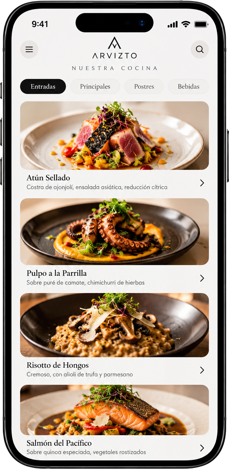 Menú virtual de ARVIZTO con los platos del restaurante